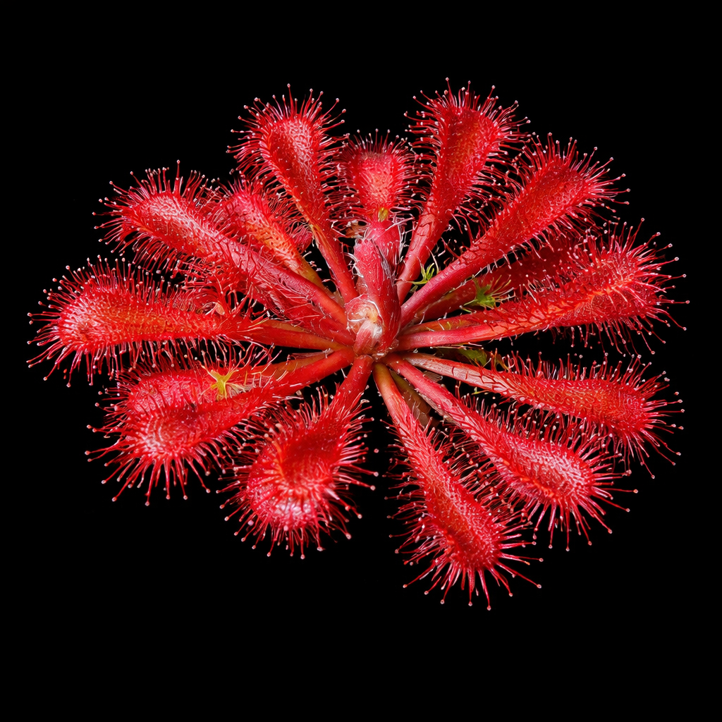 Close-up of a red, spiky flower against a black background