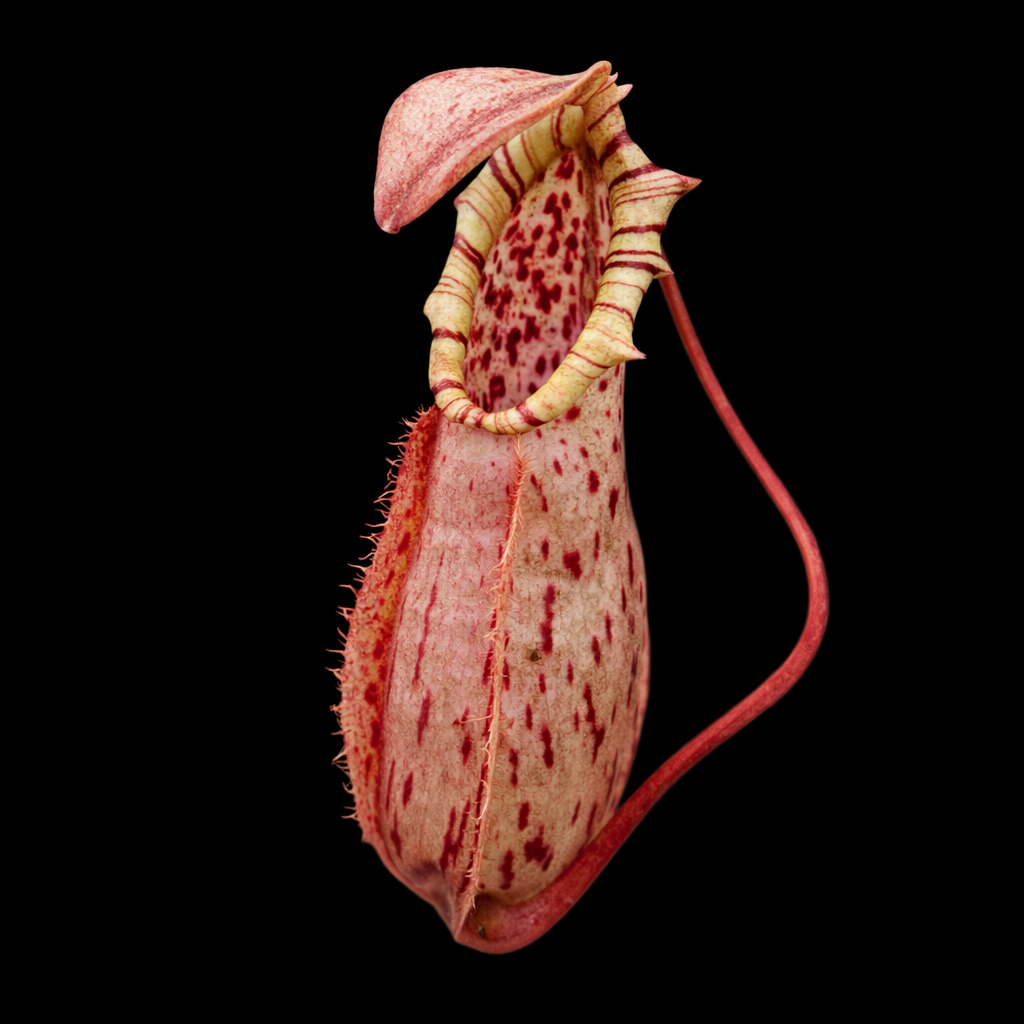 Nepenthes northiana Pink and red pitcher plant on a black background