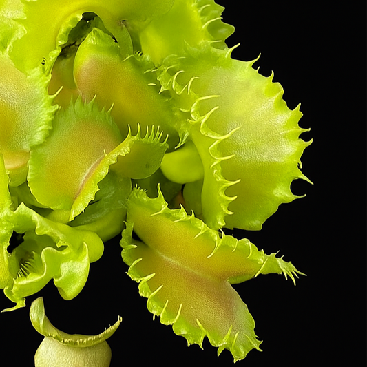 Close-up of a Venus flytrap Dionaea Angry Lettuce with a black background