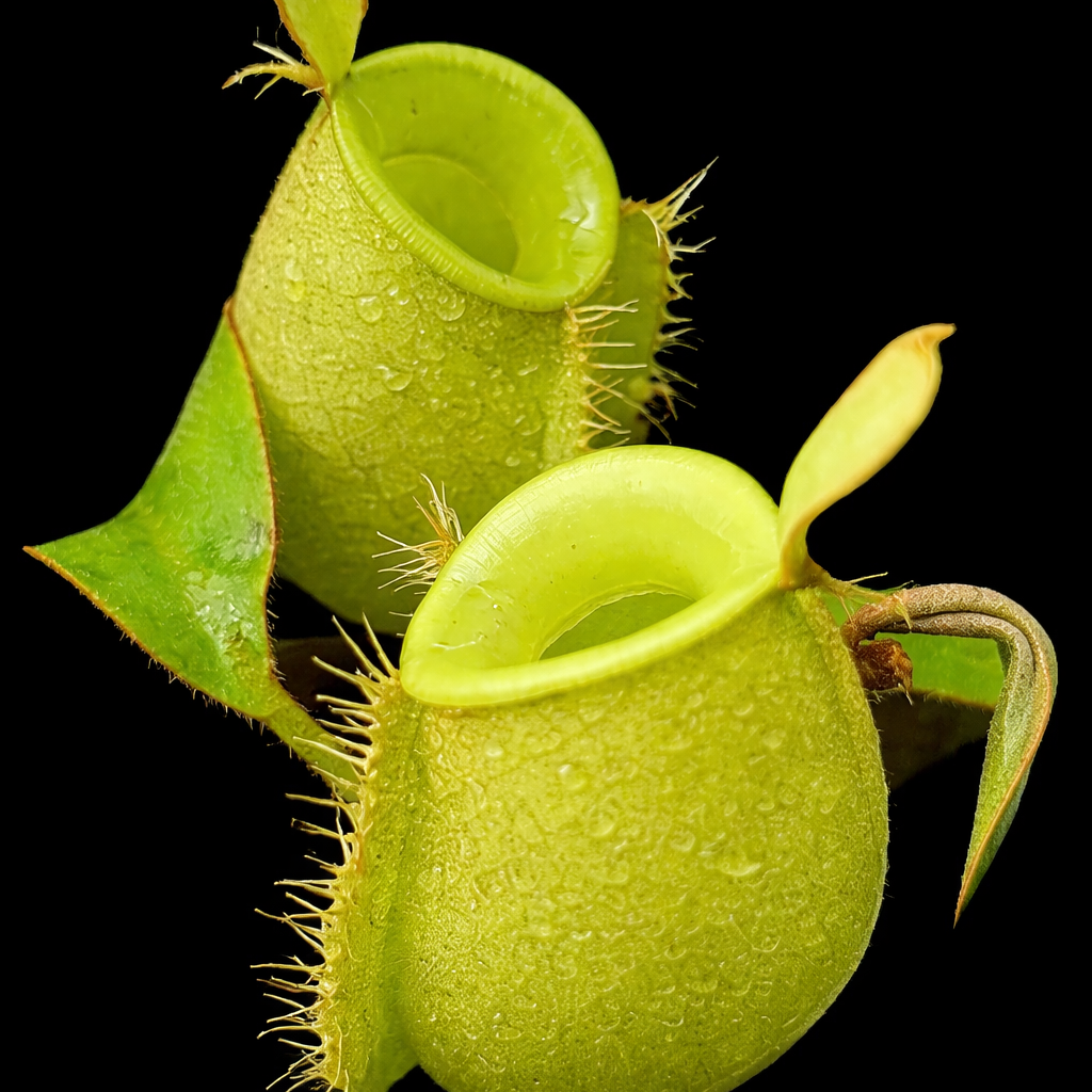 Two green pitcher plants on a black background Nepenthes Ampullaria Green