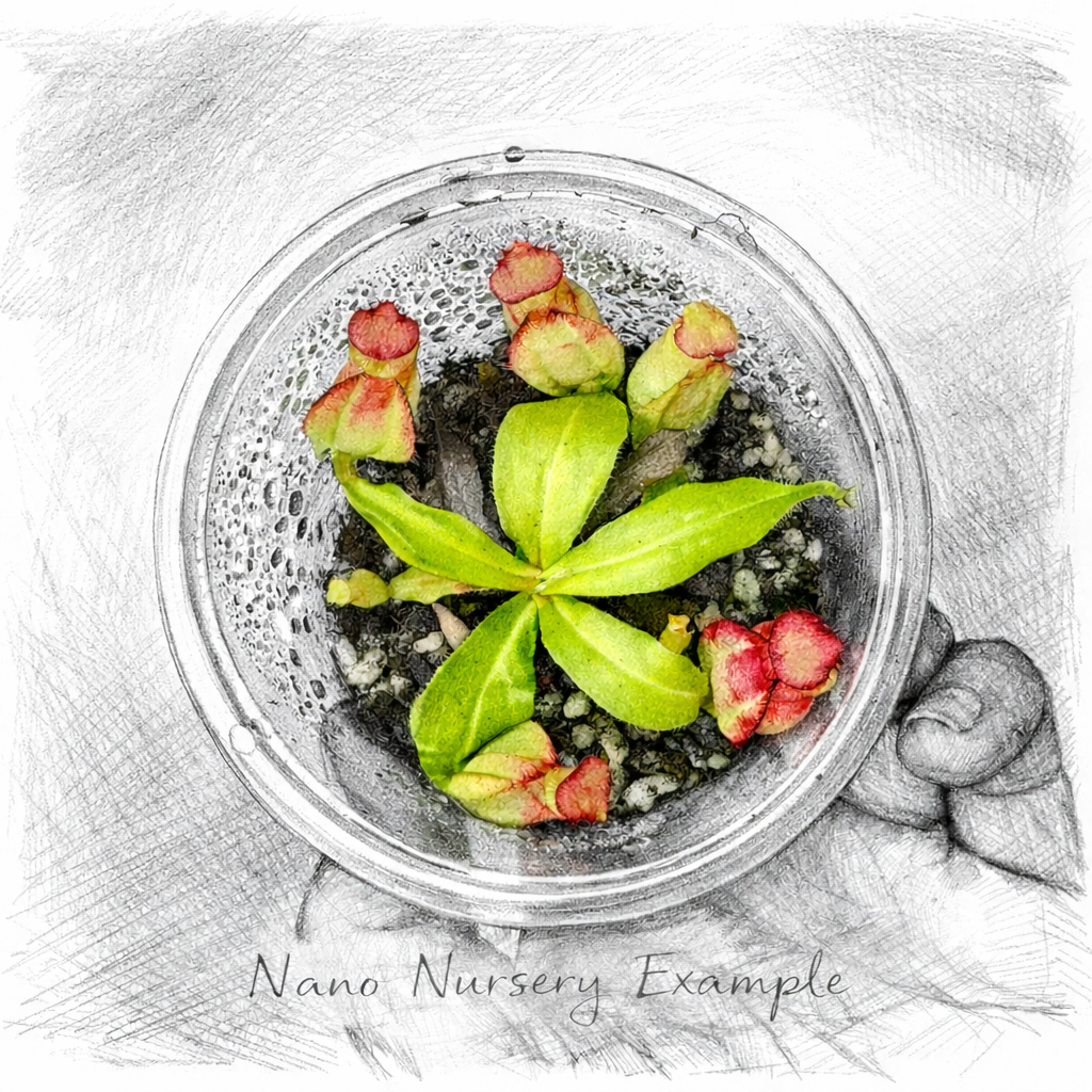 Illustration of a small nepenthes plant in a container with 'Nano Nursery Example' text.